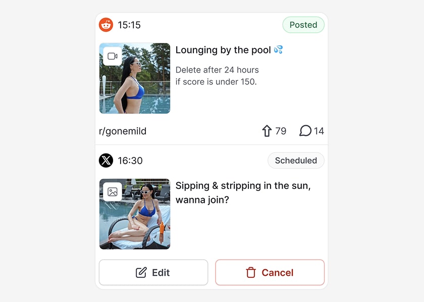 Always know what post is next and what happened with the previous ones. Edit, cancel, or
				reschedule them.