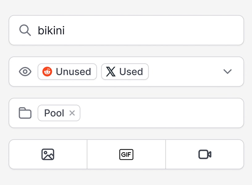 Quickly find the right content with search and filters. You can filter by usage on a platform or subreddit, folder, and media type.
