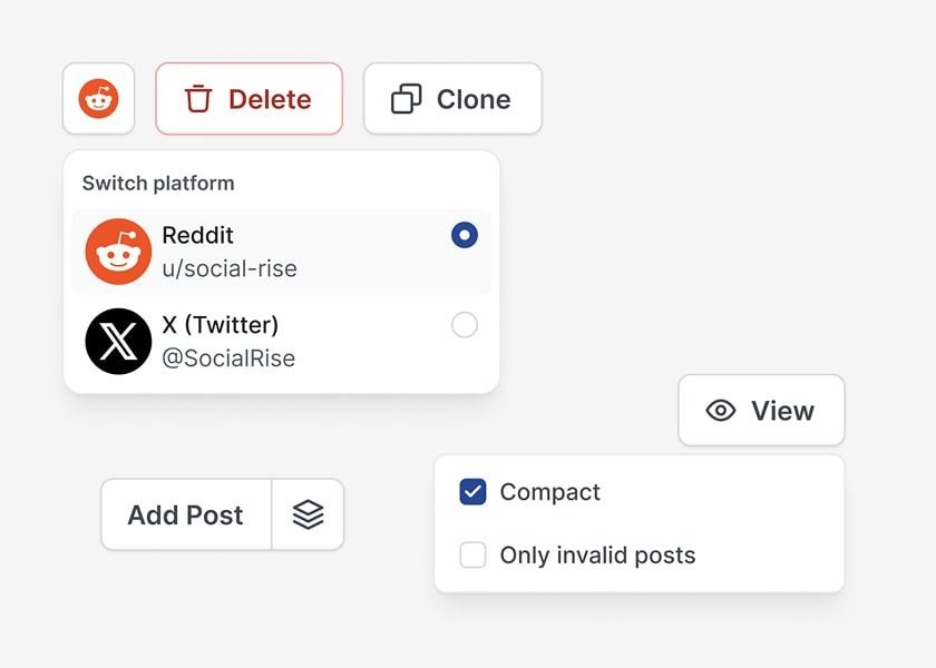 Edit, add, clone, or remove posts. Focus on the important by showing only posts with errors, or
				hiding repetitive fields.