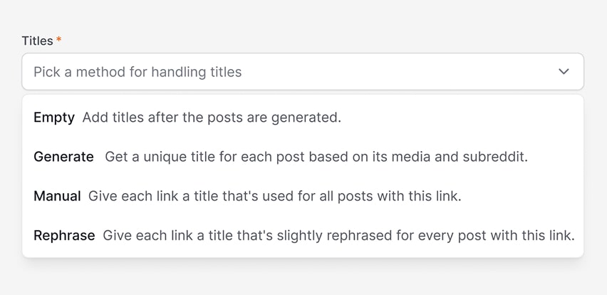 You’re in charge. Add captions later, generate them, or use your own. You can have AI
                	rephrase them just slightly to make each post unique.