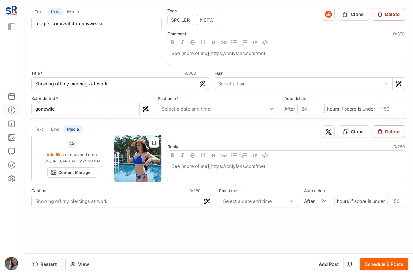 Prepare weekly posts for all platforms in minutes with the help of AI. Schedule them in a perfect
			order at the best times.