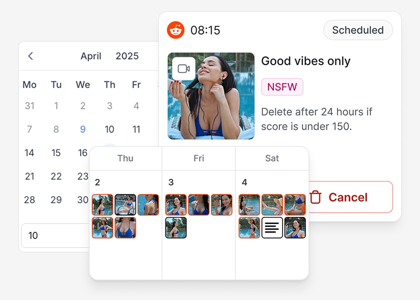 Quickly prepare all post types for multiple subreddits and view them on a visual-first calendar. Avoid last-minute stress and stay consistent even when things come up with the best Reddit post scheduler.